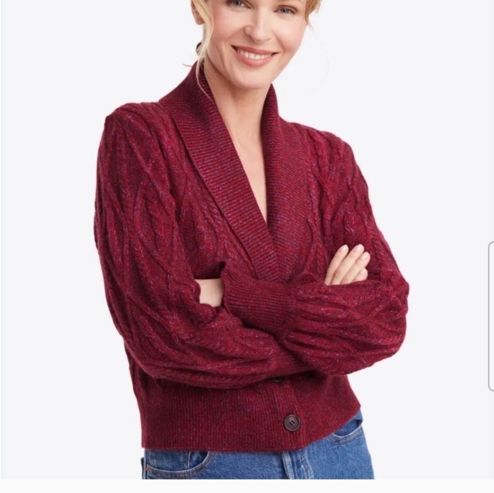 Draper James Burgundy Cable-Knit Shawl Collar Cardigan